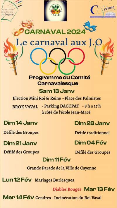 Programme du Carnaval de Guyane- Cayenne-Saint Laurent du Maroni-13 janvier au 14 février 2024