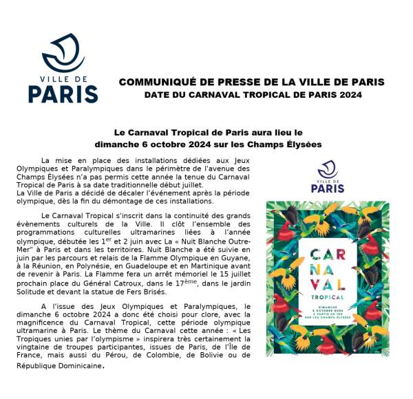 COMMUNIQUÉ DE PRESSE DE LA VILLE DE PARIS DATE DU CARNAVAL TROPICAL DE PARIS 2024
