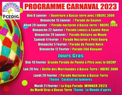 Carnaval Guadeloupe 8 janvier au 22 février  2023