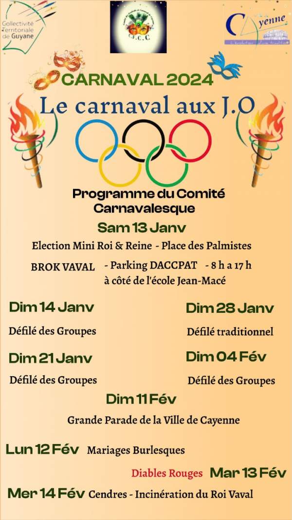 Programme du Carnaval de Guyane- Cayenne-Saint Laurent du Maroni-13 janvier au 14 février 2024