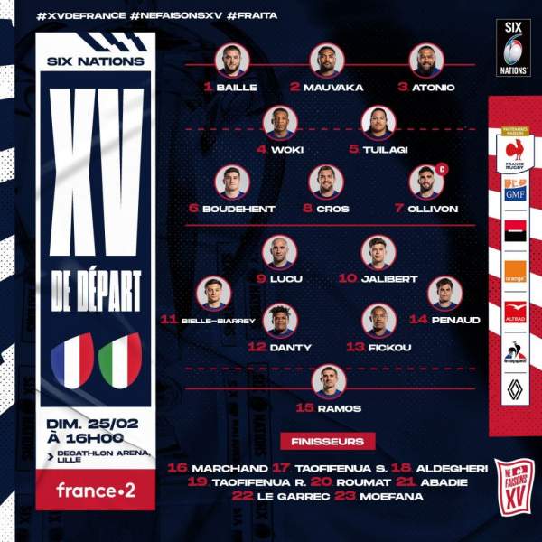 Tournoi des 6 nations de rugby 2024...France/Italie ce dimanche 25 février à Lille.