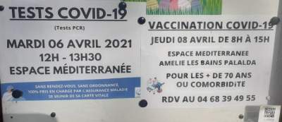 COVID 19:Amélie-les-bains dépiste et vaccine sa population. Prochaines dates: test: mardi 6 avril   2021 (12h à 13h30).Vaccination: jeudi 8 avril 8 à 15 heure