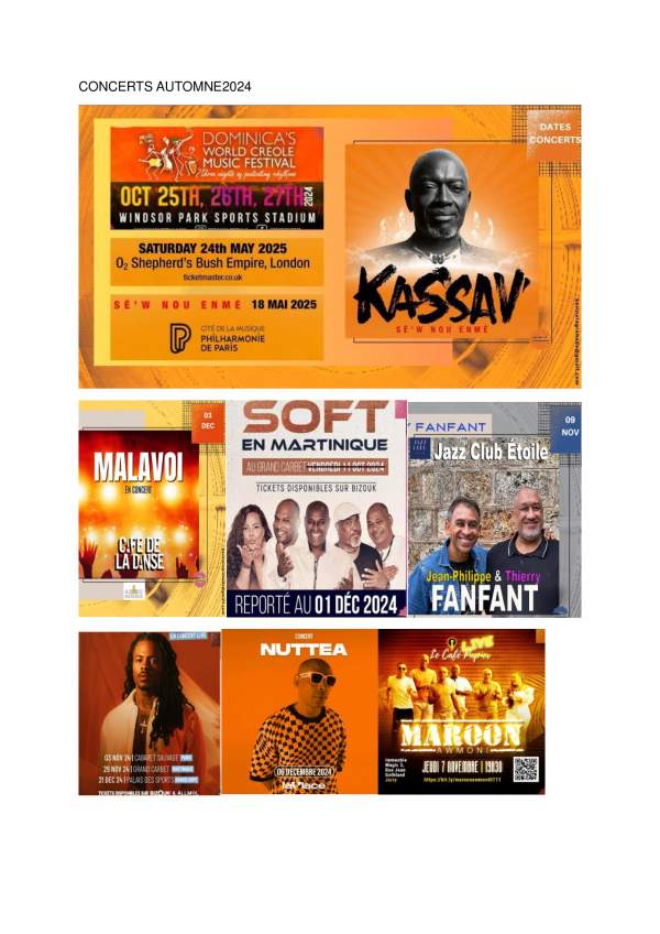 Agenda CONCERTS Jazz/Zouk /Reggae /DanceHall /World Music automne 2024